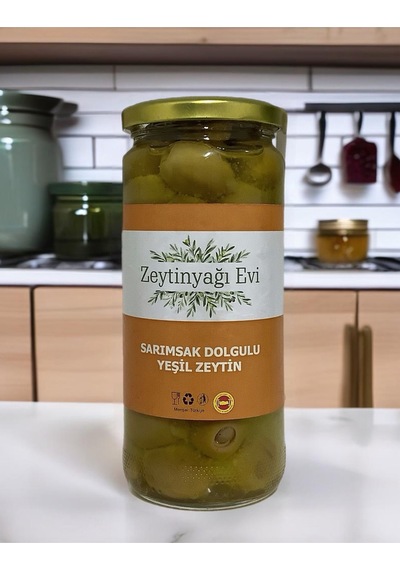 Yöresel Lezzetler Zeytinyağında Marine Edilmiş Sarımsak Dolgulu Yeşil Zeytin 450 Gram