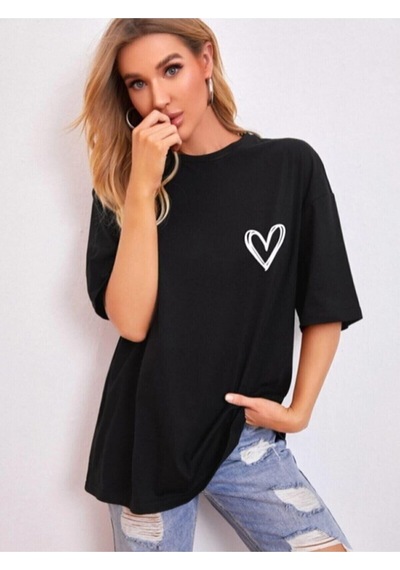 Flood Of Style Kadın Siyah Kalp Bisiklet Yaka Tshirt