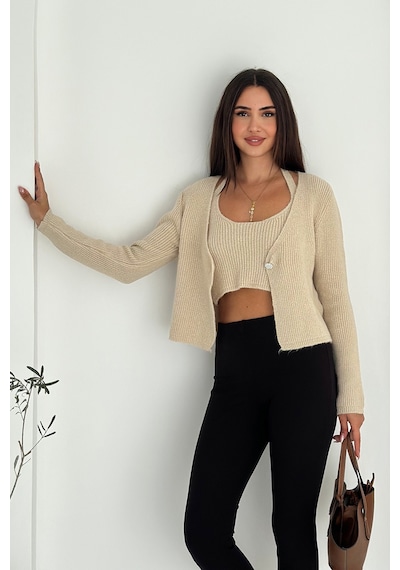 Noa & Noa Kadın Örgü Crop Top & Hırka Takımı Yumuşak & Minimal Stil Bej