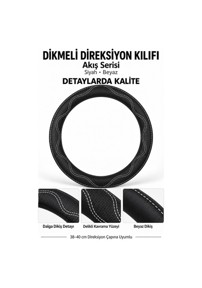 Trobus Ford Transit Connect 2002-2013 Uyumlu Dikmeli Direksiyon Kılıfı Akış Siyah Beyaz Siyah - Beyaz