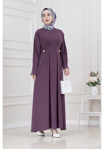 Sevitli Beli Toka Detaylı Tesettür Elbise-mürdüm-5691