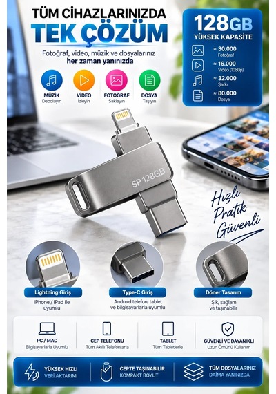 Çoklu Girişli 128gb Lightning Type C Usb Flash Bellek Telefon Tablet Ve Bilgisayar Uyumlu Diğer