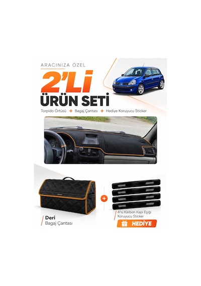 Renault Clio Symbol Airbagli 2003-2006 Uyumlu Torpido Örtüsü + Deri Çanta Seti - Siyah Kahverengi