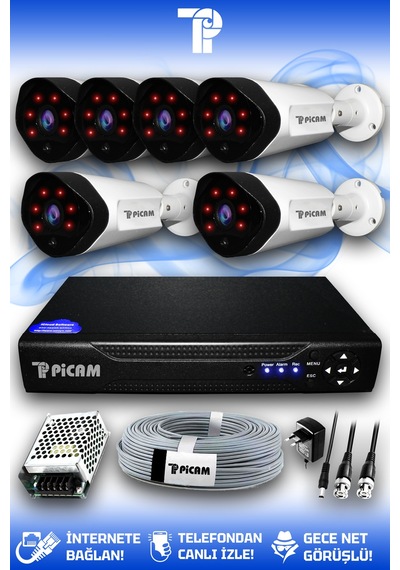 Picam 6 Kameralı Uzay 6 Dış Kamera Set HDD'siz Full HD Gece Görüşlü Güvenlik Kamerası Sistemi
