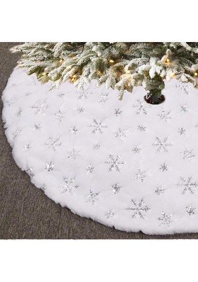 90 Cm Yılbaşı Ağaç Örtüsü Peluş Beyaz Üzeri Gümüş Simli Kar Tanesi