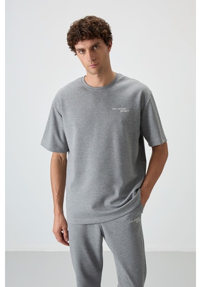 Tommy Life Gri Melanj Pamuklu Kalın Yumuşak Dokulu Oversize Fit Nakışlı Erkek Eşofman Takım - 85252 GRİ MELANJ