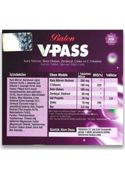 Balen V-Pass Takviye Edici Gıda 1000 MG 30 Tablet