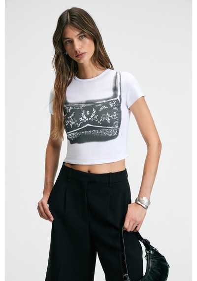 Ethıquet SERAYA Kadın Bisiklet Yaka Kısa Kollu Önü Baskılı Crop Beyaz T-Shirt