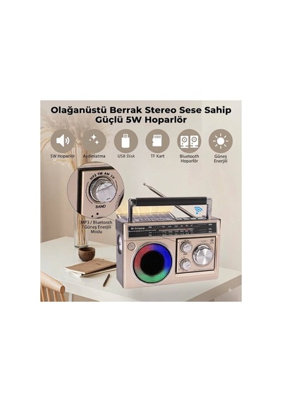 Nostalji Solar Enerjili Güneş Panelli Fm Radyo Şarj Edilebilir Bluetooth Hoparlör Rbg Işıklı Sd Kart Usb Ve El Fenerli Krem - 911392134