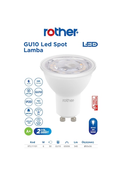 Rtl11101-5 Rother Gu10 Led Spot Ampul 6w 540 Lümen 6000k Beyaz Işık Enerji Tasarruflu Ampul 5 Adet