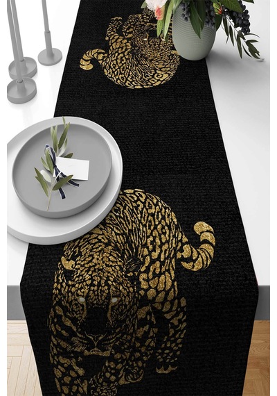 Siyah Leopar Desenli Premium Masa Örtüsü Runner Rnr355