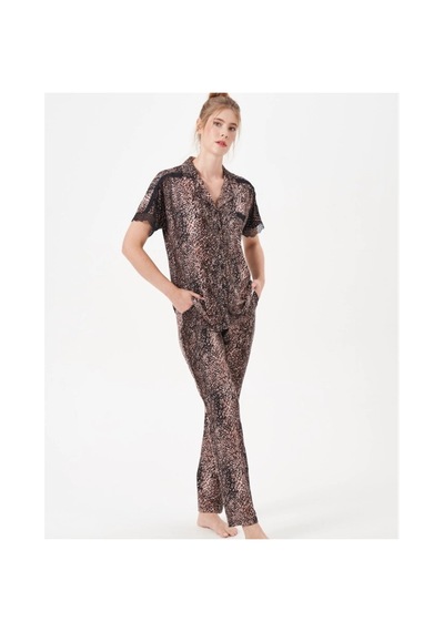 Moda Dua Pjs 29068 Kadın Kısa Kollu Düğmeli Pijama Takım Kahverengi