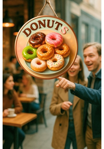 Donut Temalı İpli Ahşap Kapı Duvar Süsü, Pastane, Tatlı Dükkanı, Cafe Tablo Dekoru