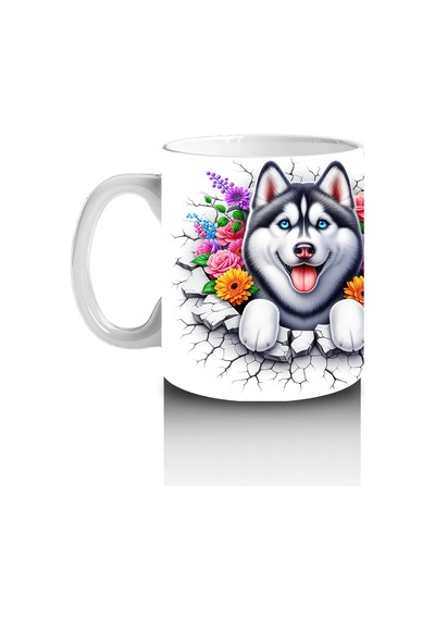 Çiçek Taçlı Gülümseyen Husky Deseni Baskılı Kahve Kupası Renkli