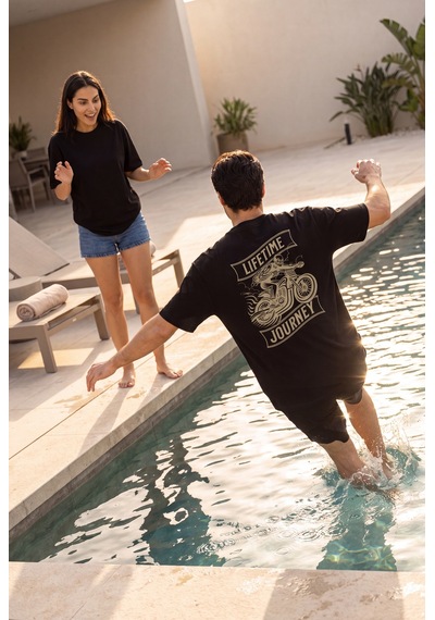 Black Nova Oversize Baskılı Unisex %100 Pamuk T-shirt Lifetime Journey Siyah
