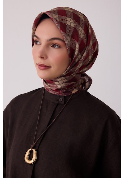 Belli Geometrik Desen %100 Twill İpek Eşarp Be21 Bordo