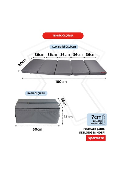 Xpermate Katlanır Şezlong Minderi Çantalı Cepli Foldpack 30x60ant
