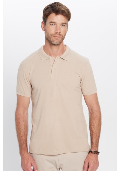 Tudors Erkek Slim Fit Dar Kesim Pamuklu Yumuşak Dokulu Serin Tutan Kumaş Düz Pike Taş Renk Polo Yaka Tişört-31630
