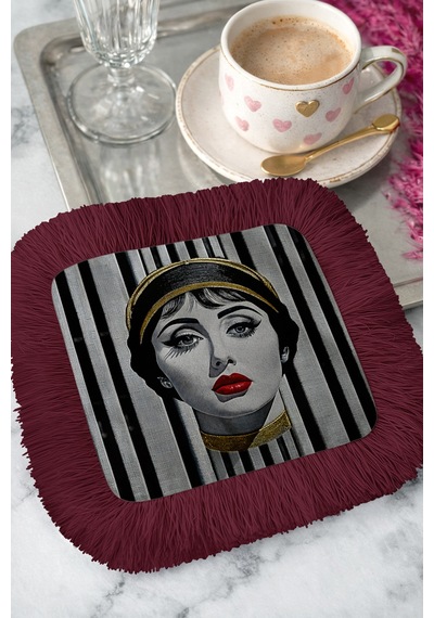 Lüks Portreli Saçaklı Sunum Peçetesi - Sanatsal Glam Retro Bordo Altın Renkli Bardak Altlığı Mendil Çok Renkli