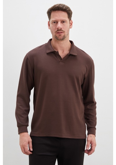 Fullamoda Basic Apaş Yaka Modal Sweatshirt Kahve
