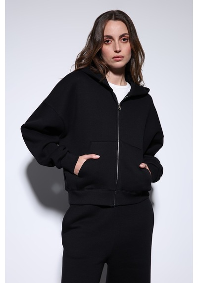 Antioch Fermuarlı Kapüşonlu Kadın Sweatshirt Siyah