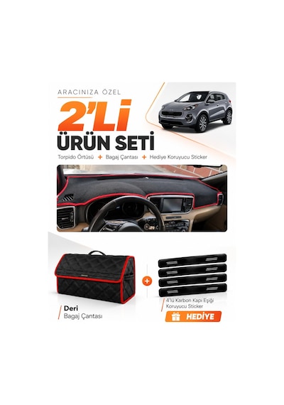 Kia Sportage 2018-2021 Uyumlu Torpido Örtüsü + Deri Bagaj Çantası + Sticker Seti - Siyah Kırmızı