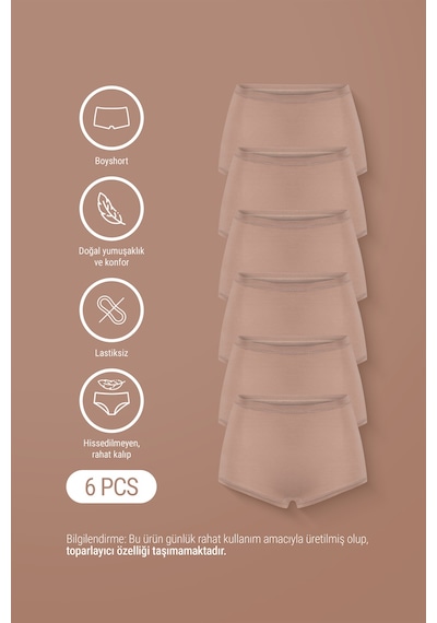 Auw Kadın Lastiksiz Pamuklu Modal Basic Boyshort 6'lı - Softfit Latte