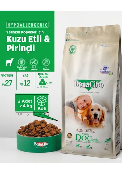BonaCibo Adult Dog Lamb Kuzu Etli ve Pirinçli Yetişkin Köpek Maması 2 x 4 KG