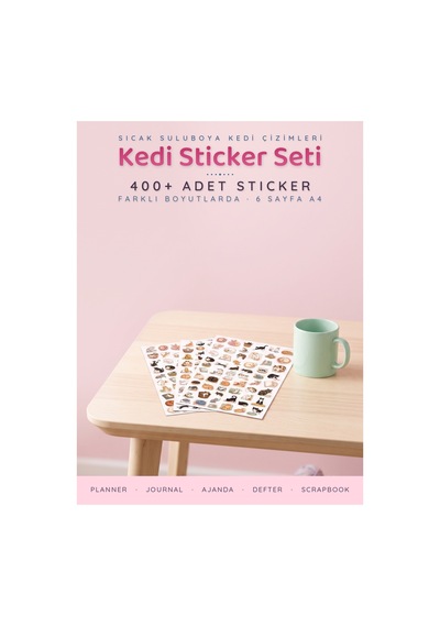 Kedi Sticker Seti 400+ Adet 9 Farklı Boy Suluboya Guaş Ajanda Planner Scrapbook Journal 6 Sayfa A4 Çok Renkli