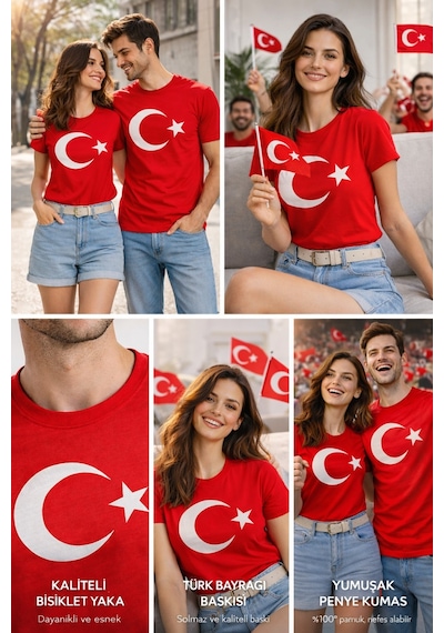 Westicgiyim Unisex Kırmızı Ay Yıldız Türk Bayraklı Tişört T-shirt Kırmızı