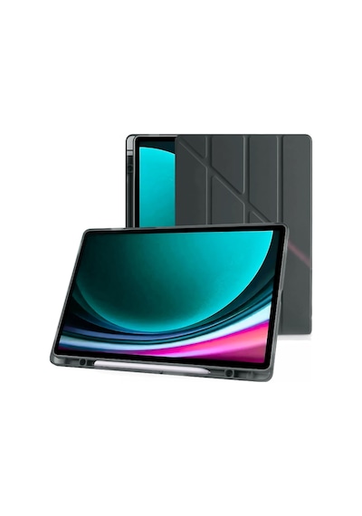 Galaxy Tab S9+ Fe Plus 12.4 İnç Uyumlu Smart Kılıf, S Pen Kalemlikli, Trifold, Esnek, Mat, Origami, Darbeye Tam Dayanıklı Tablet Kılıfı Siyah