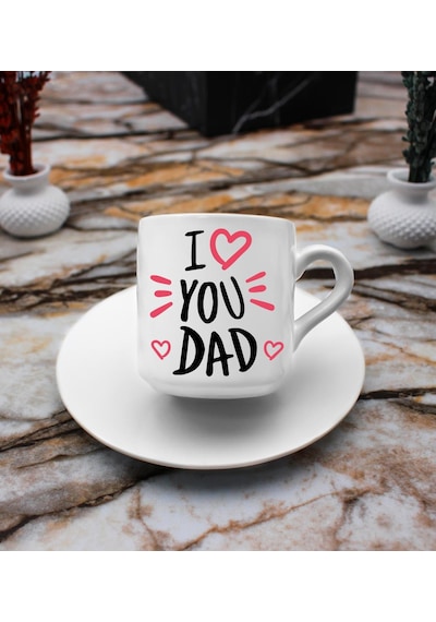I Love You Dad Baskılı 2'li Türk Kahve Fincanı & Metal Mum Hediye Seti Babalar Gününe Özel Hediye B2
