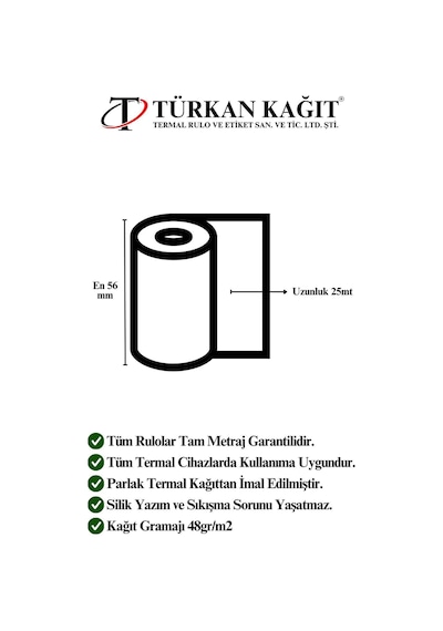 56x25 Termal Rulo - Yazarkasa Pos Rulosu 10 Paket 100 Adet
