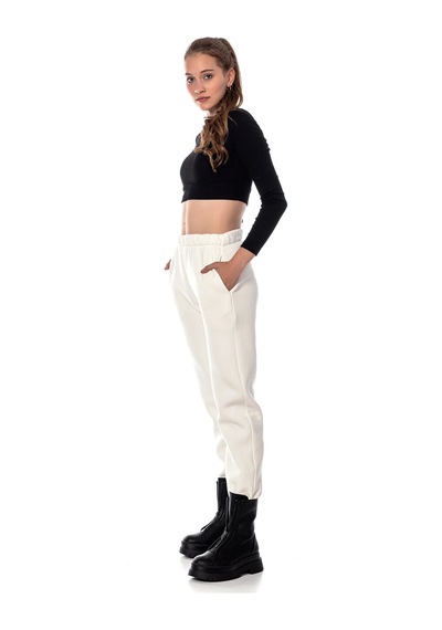Kadın Ekru Renk Elastik Paça Örme Jogger Eşofman Altı Cy84200 Beyaz