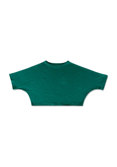 Koyu Yeşil Bisiklet Yaka Rahat Kalıp Yarasa Kol Pike Kadın Crop T-shirt Koyu Yeşil