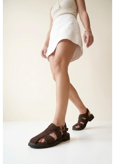 Fox Shoes Y291880002 Kahverengi Hakiki Deri Süet Kadın Sandalet