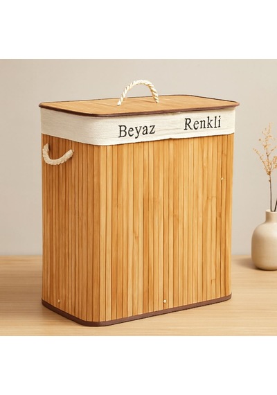 Bambu Ahşap 2 Bölmeli Çamaşır Sepeti 52x32x62 Cm Renkli