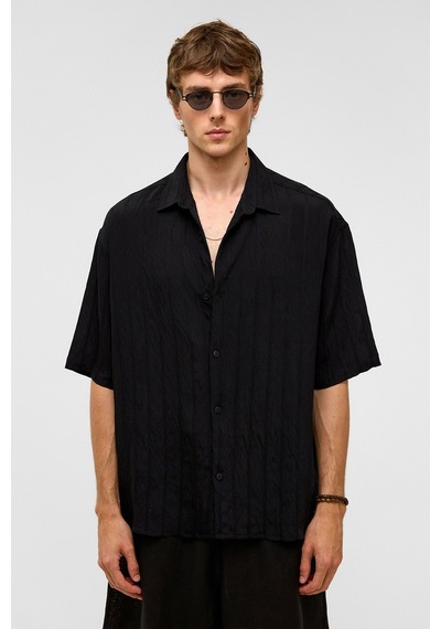 Vamos Oversize Çizgili Kısa Kollu Modal Kumaş Gömlek Siyah