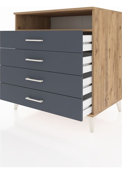 Kronos Şifonyer Tek Raflı 4 Çekmeceli 88x59x96 Çam-antrasit Çam