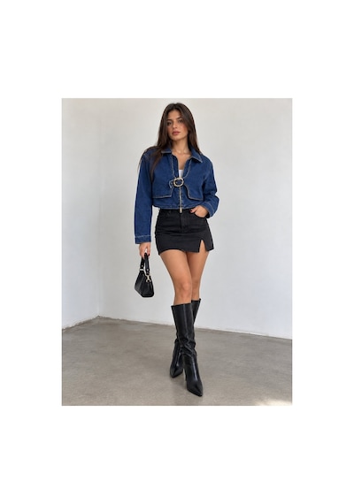 Zdnjeans Kadın Tokalı Crop Denim Kot Ceket Mavi