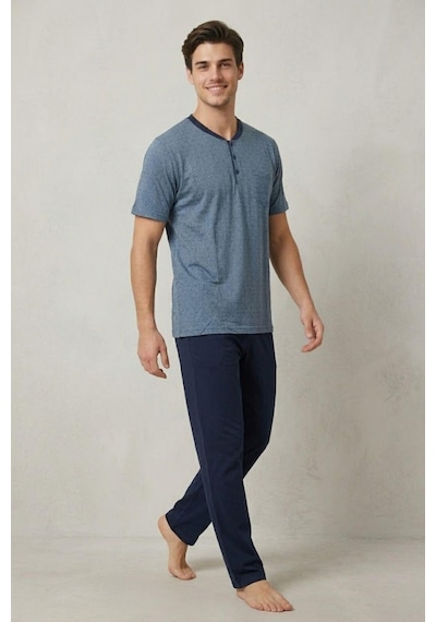 Mecit Pijama Mecit 4003 İndigo Büyük Beden Kısa Kollu Erkek Pijama Takımı