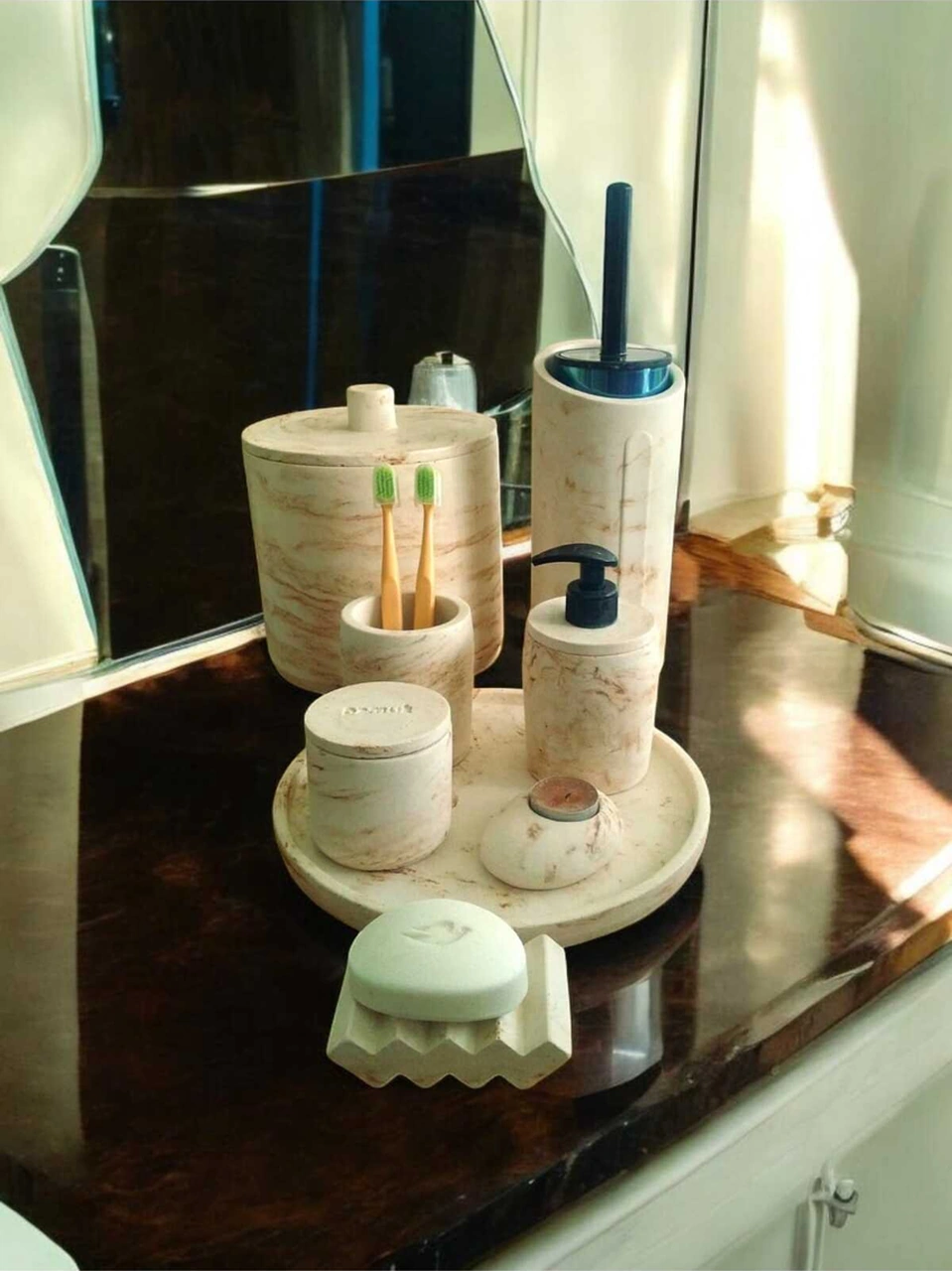 Mermer Desen Bej Beton Banyo Set,,tuvalet Wc,çöp Kovası,sabunluk,tepsi,pamukluk,mumluk,aksesuar Bej