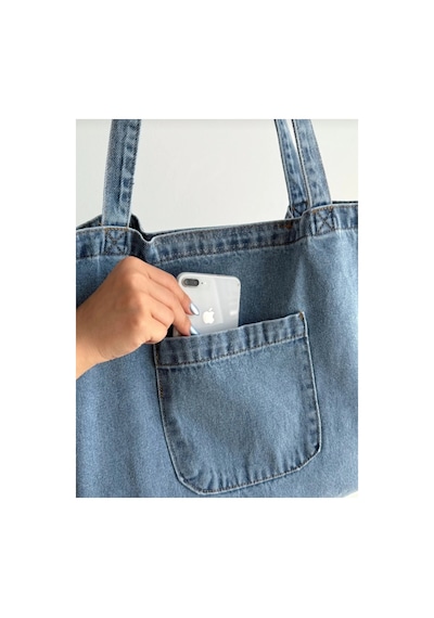 Passtell Kadın Büyük Boy Kot Jeans Plaj Ve Omuz Çanta Ön Cep Detaylı Mavi Mavi