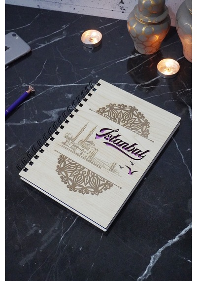 Istanbul Desen Ahşap Defter - Günlük - Çizgisiz Defter Ahşap Rengi Banu - A5 Spiralli Defter