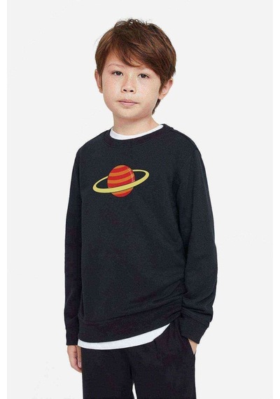Tshirthane Saturn Baskılı Unisex Çocuk Siyah Sweatshirt (534634999)
