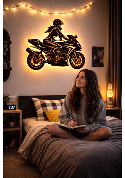 Lucenda Led Işıklı Kadın Motorcu Silüet Tablo Modern Motosiklet Duvar Dekoru Sarı - 865124191 Sarı