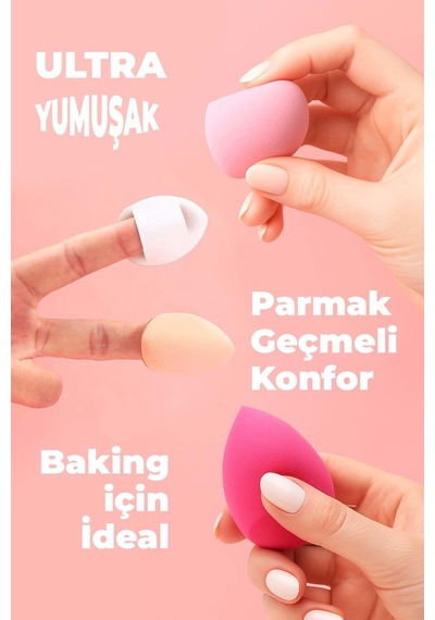 8 Li Makyaj Süngeri Seti Damla & Kesik Damla + Parmak Bantlı Pudra Pufu, Kavanoz, Toka Hediyeli