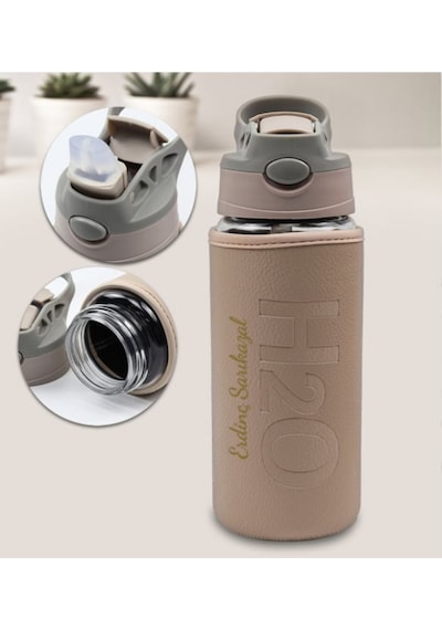 H2o Deri Kılıflı Pipetli Cam Matara 500 Ml Bej