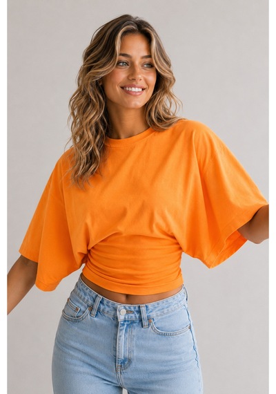 Overmax Bele Oturan Oversize Kollu Premium Crop Bluz Turuncu - 880759104 Turuncu