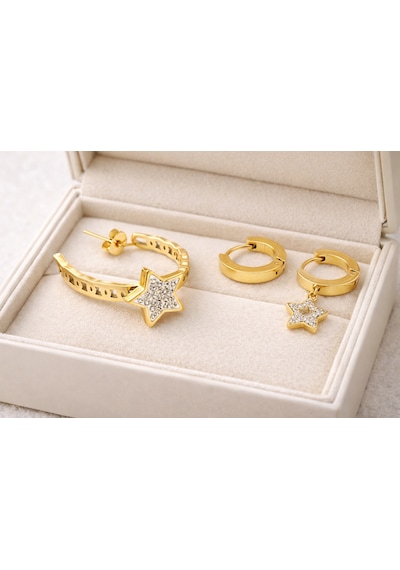 Çelik Halka Küpe Seti 3 Lü Küpe Model 6 Yıldız Detaylı & Sade Mini Halka, Kararma Yapmaz, Asimetrik Şık Tasarım Gold Çelik Halka Küpe Seti 3 Lü Küpe Model 6 Yıldız Detaylı & Sade Mini Halka, Kararma Yapmaz, Asimetrik Şık Tasarım Gold
